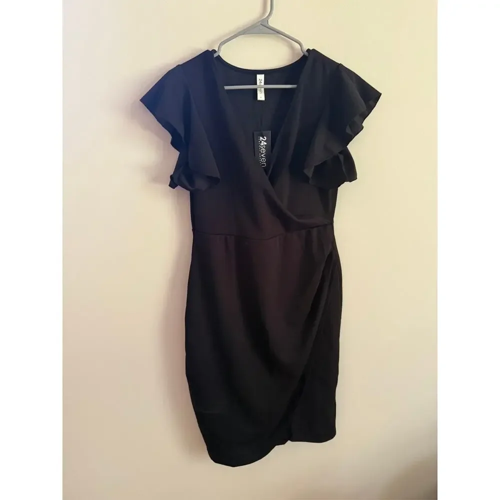 24seven Comfort Apparel Women's V-neck Ruffle Sleeve Knee Length Dress - Picture 3 of 8
